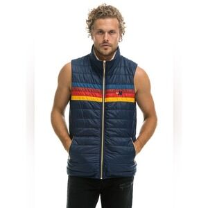 Aviator Nation Navy Quilted 4 Stripe Sherpa Vest Blue Red Gold Mens L NWT